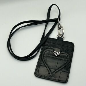 Brighton Black Heart Card Holder ID Lanyard Black Leather Silver Plated Heart